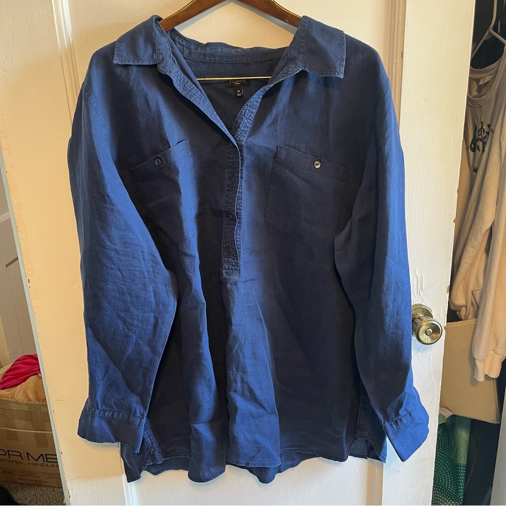 Talbots Blue half button down pop over 100% linen woman’s shirt 3X